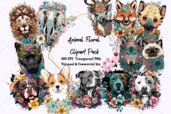 Animal Floral Cartoon Clipart PNG Pack for Creative Projects