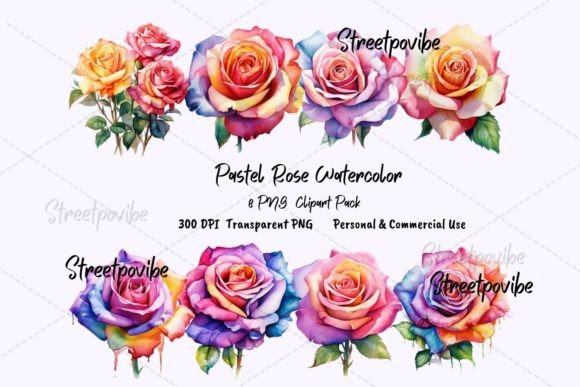 Rainbow Rose Watercolor Clipart PNG Pack