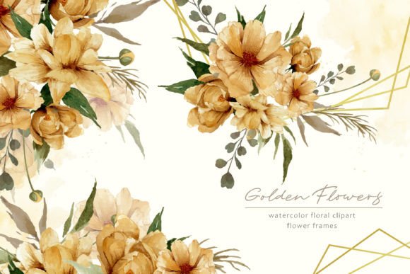 Watercolor Golden Flowers Frames Clipart