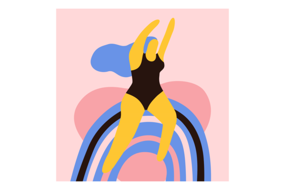 Woman on Rainbow in Minimalistic Decorat