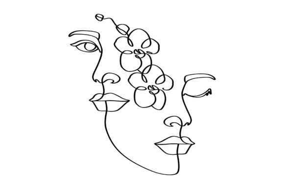 Women's Face with Flowers Linear Art